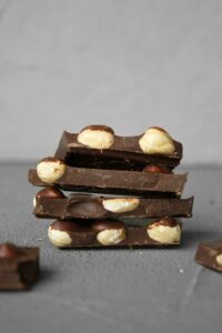 Close-up shot of stacked chocolate bars embedded with nuts, highlighting texture and richness.